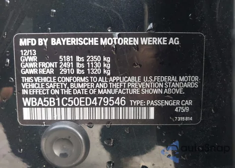 2014 BMW 535I from USA, damaged, VIN WBA5B1C50ED479546